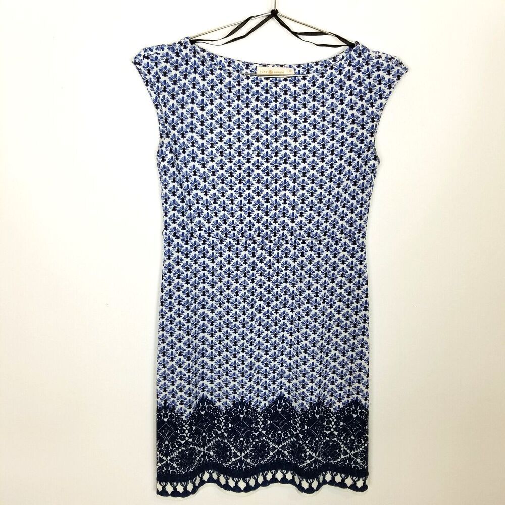 Tory Burch Women Jamie Cap Sleeve Sheath Dress Sz XS Blue Jersey Printed